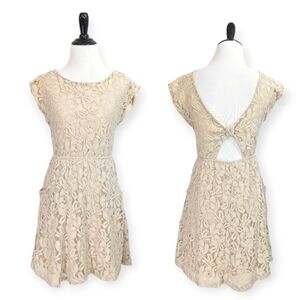 Beige Lace Skater Mini Dress With Back Cutout & Pockets - Size Small Womens